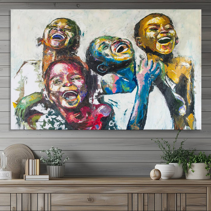 A multi-panel decor piece titled "Joyful African Black Kids" by Shai Yossef features a vibrant impasto painting of four children laughing and is elegantly displayed as premium canvas wall art.