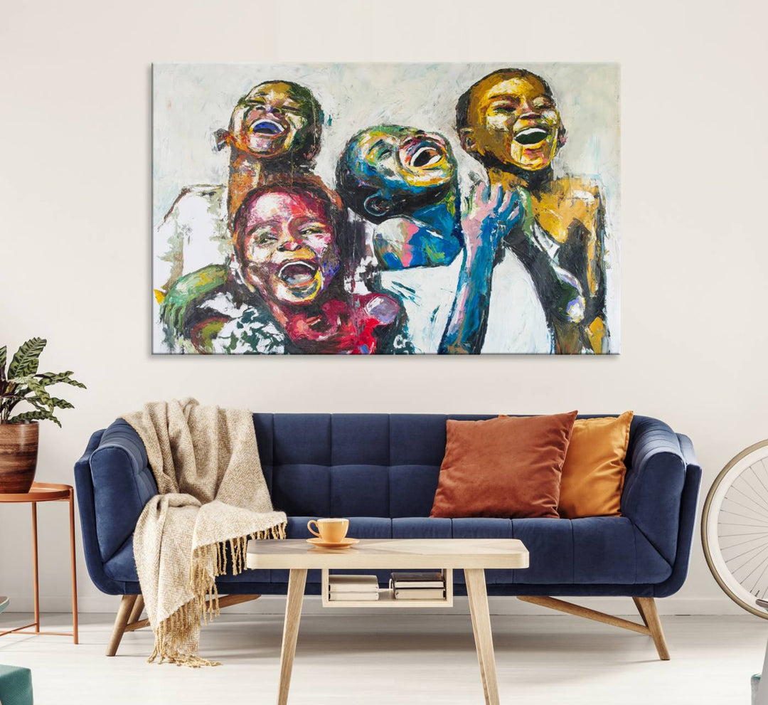 A vibrant Shai Yossef canvas art of joyful kids hangs prominently.