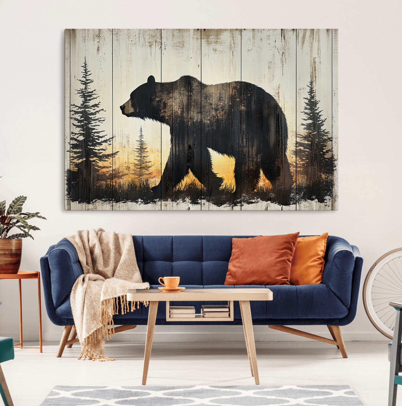 MGV-CV-36X24 - Vintage Bear Wall Art Canvas Print for Farmhouse - Mountain Wood Canvas Wall Art - Forest Silhouette