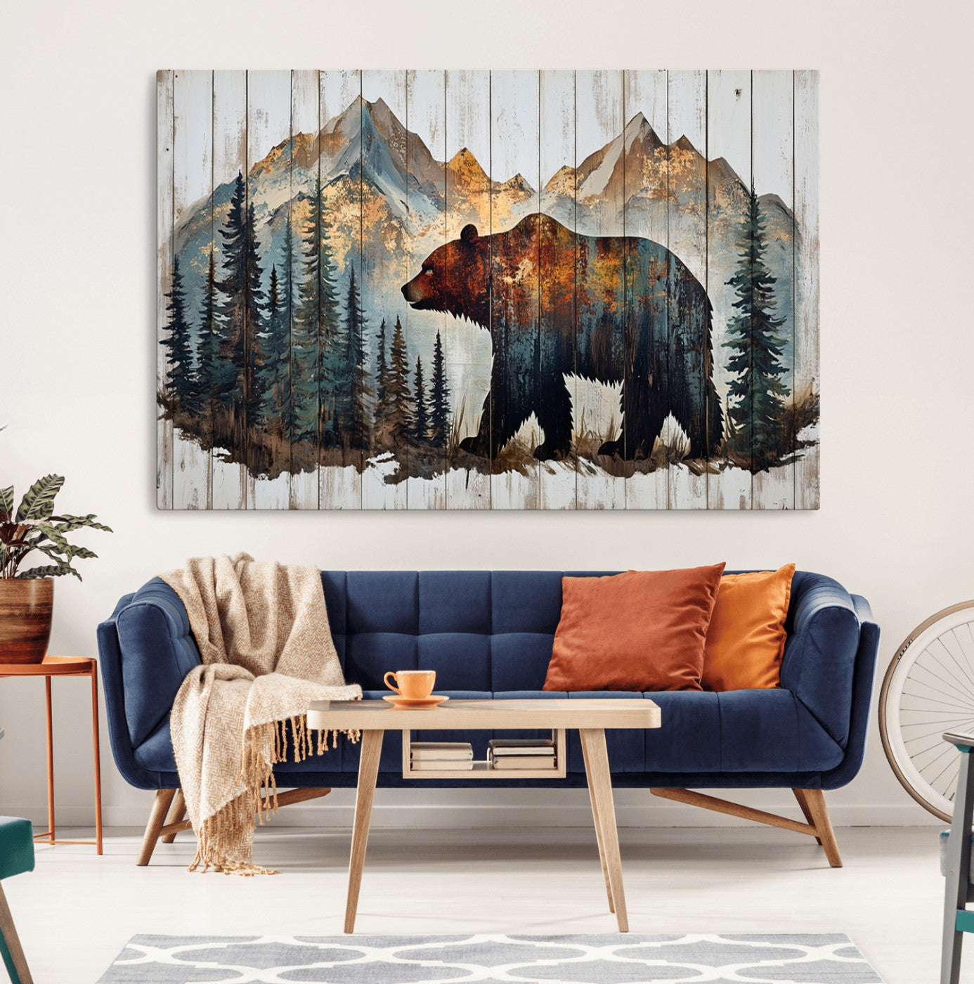55777-MGV-CV-36X24-Rustic Grizzly 399 Bear and Mountain Wood Canvas Wall Art - Framed Nature Artwork with Forest