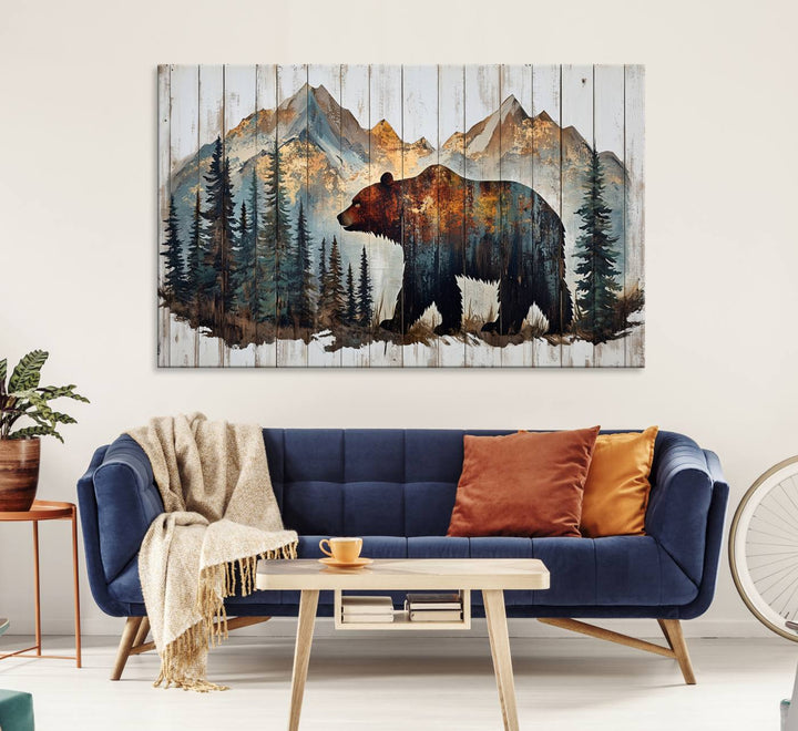 The living room features Rustic Grizzly 399 bear wall art, adding a cozy touch to the setup.