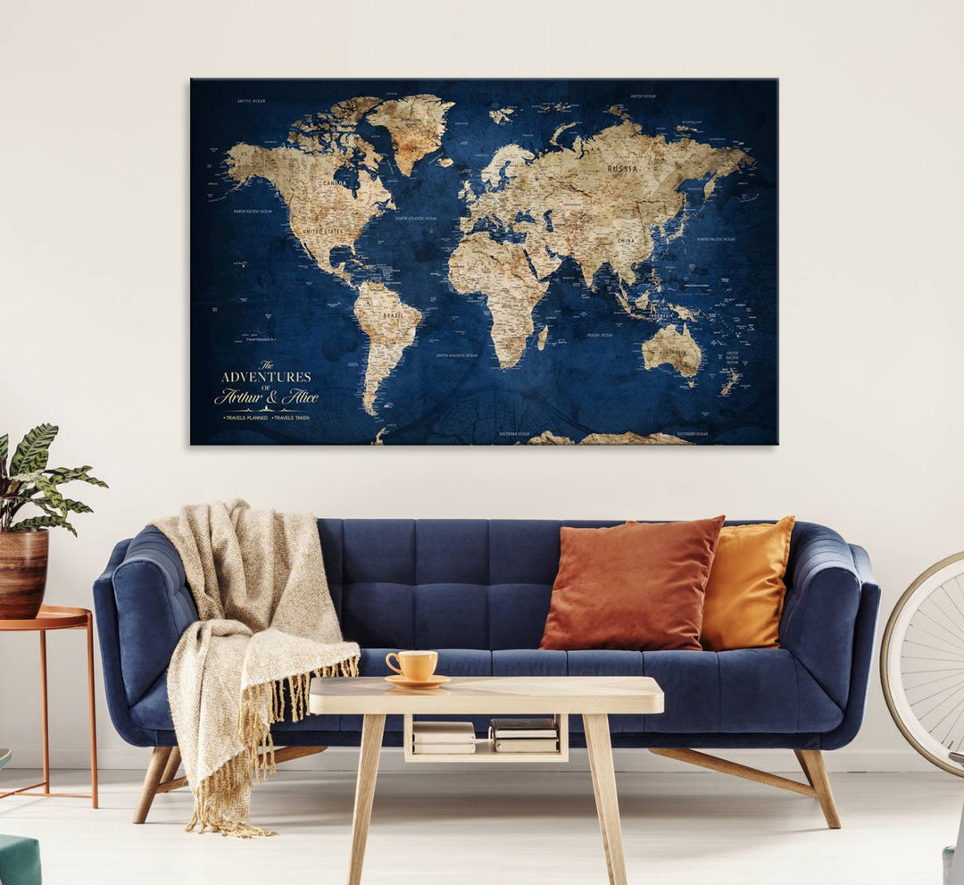 A Personalized Custom World Map Canvas Print on blue hangs prominently.