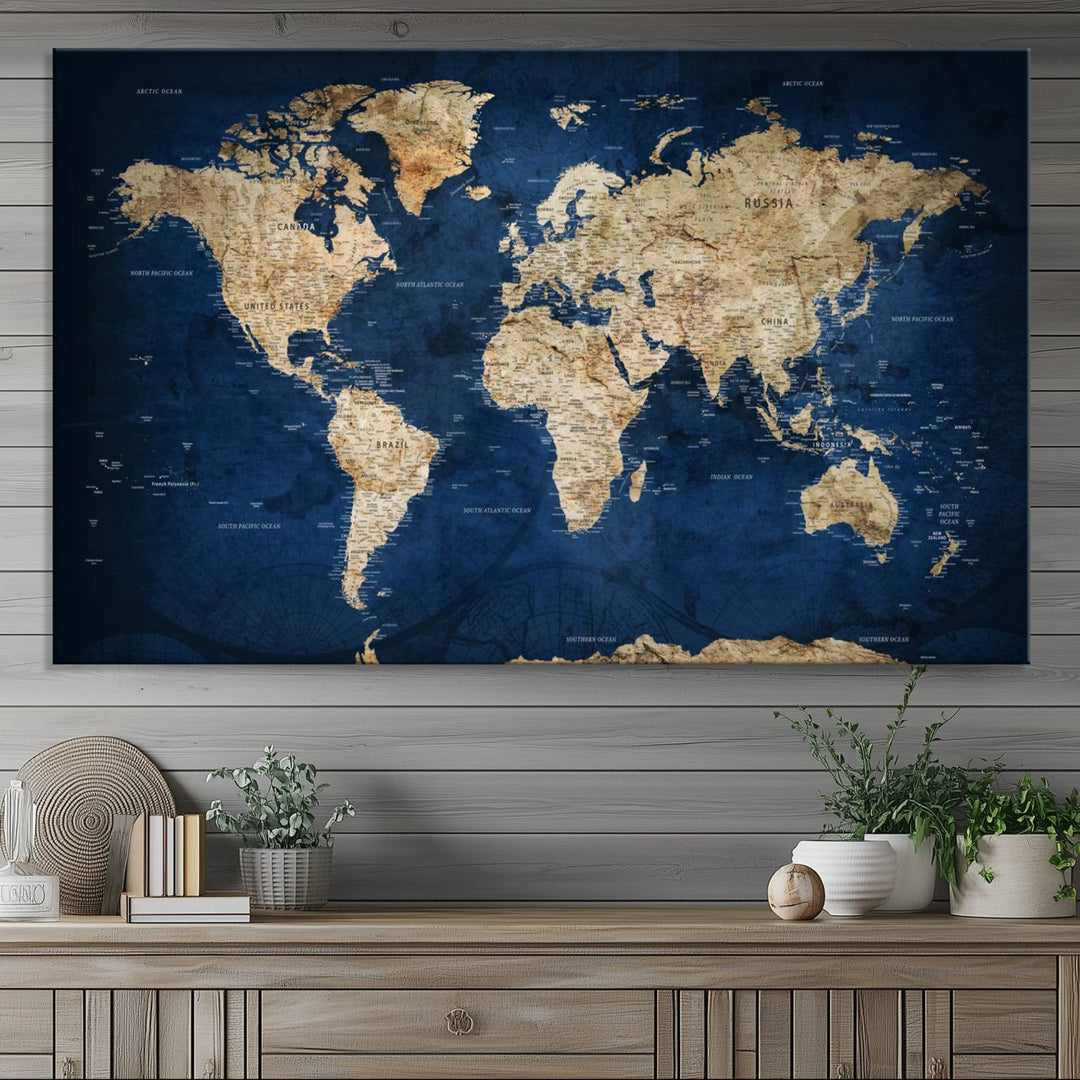 A personalized world map canvas print hangs above.