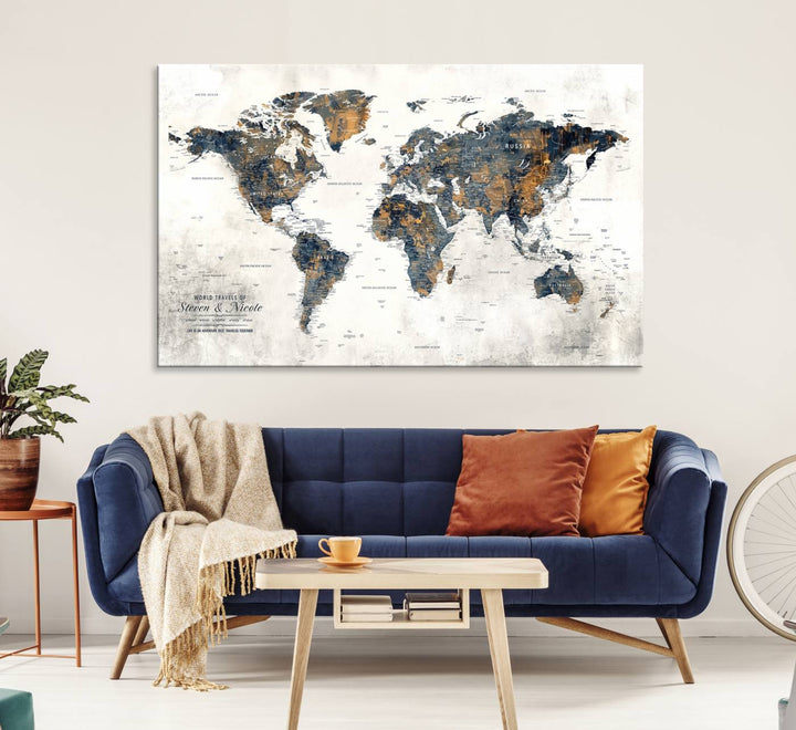 A Personalized Push Pin Map Wall Art Print is displayed in front of a house door.