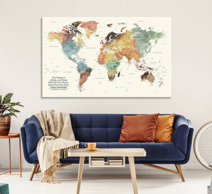 A colorful Personalized World Map Canvas Print, ideal as wall art for living room or office.