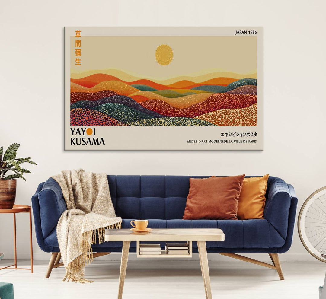 A Yayoi Kusama Wabi Sabi Japanese Wall Art Print features a vibrant, abstract landscape on canvas.