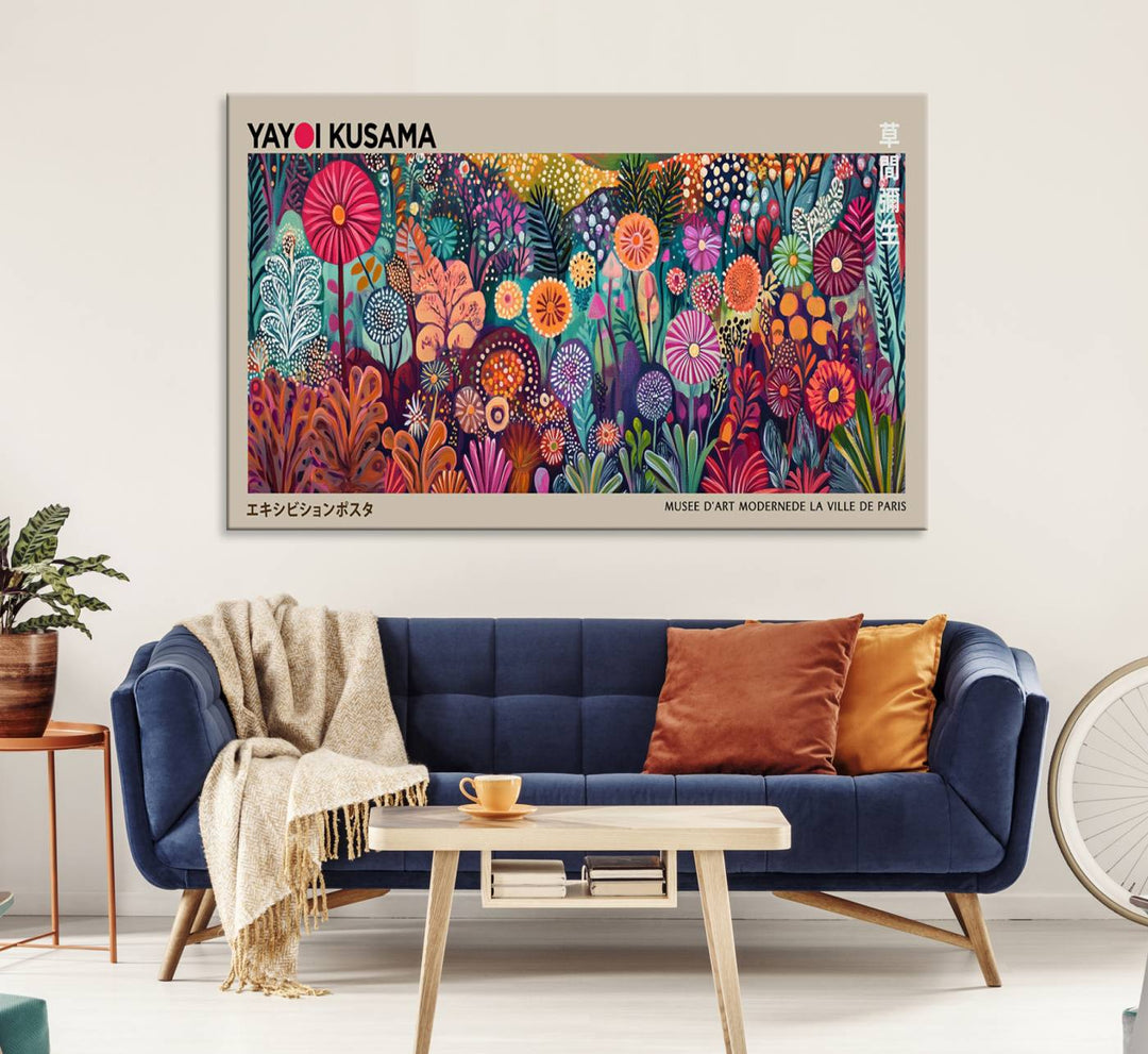 A vibrant Yayoi Kusama Wall Art Canvas Print is held on a porch.