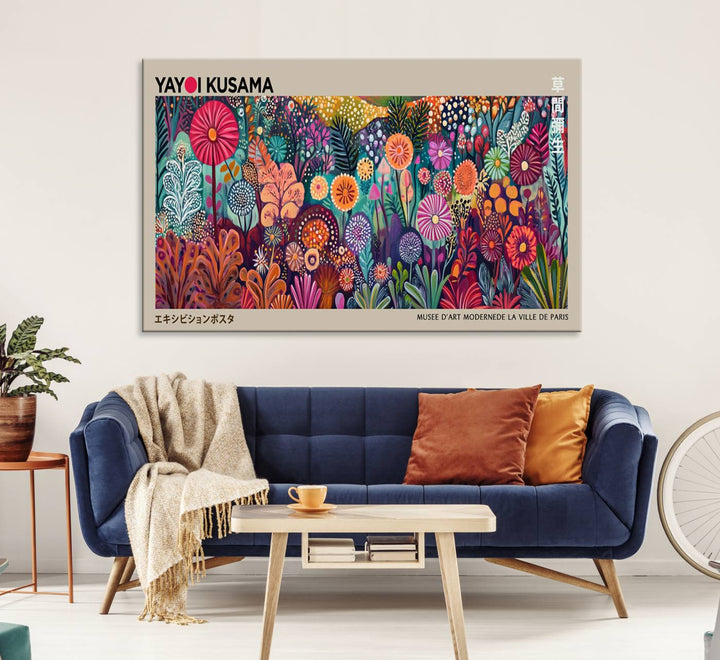 A vibrant Yayoi Kusama Wall Art Canvas Print is held on a porch.