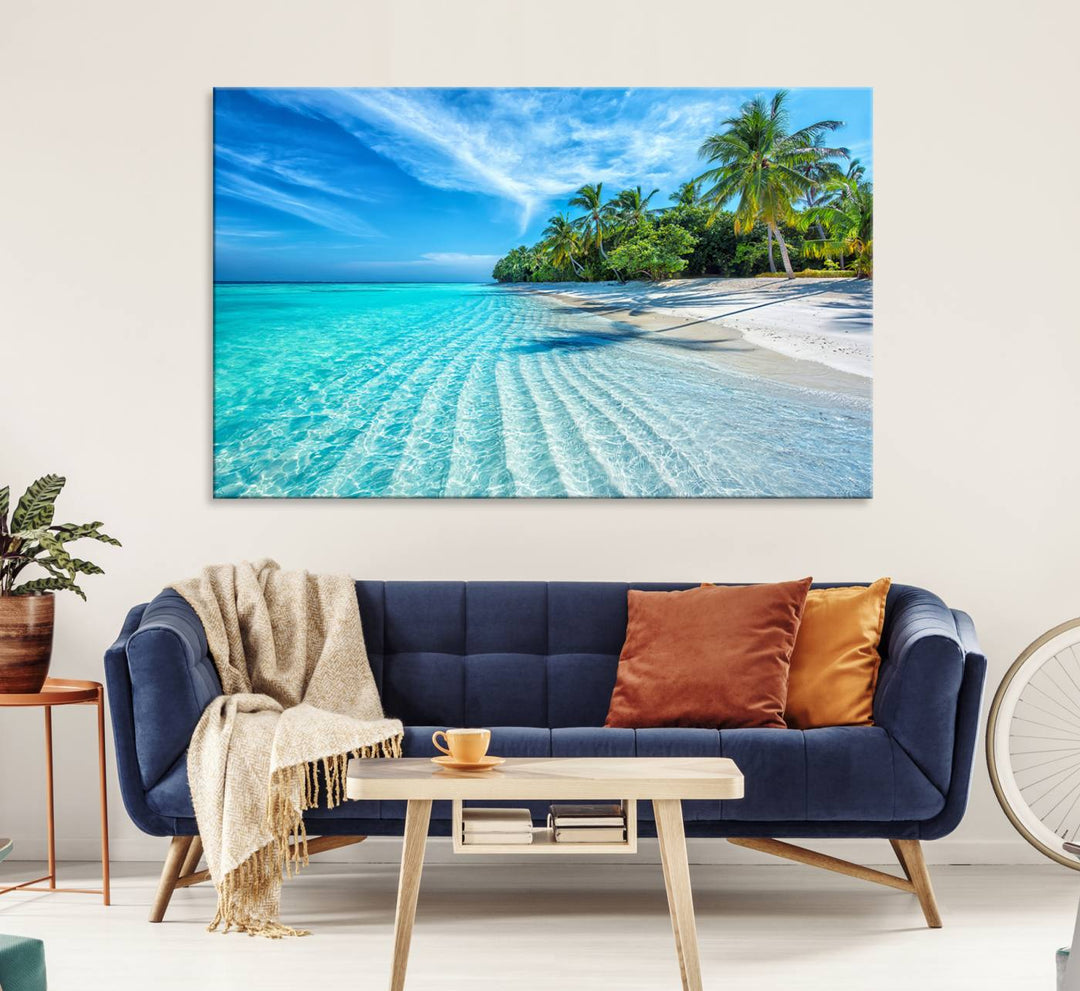 The Tropical Beach Wall Art Canvas Print features turquoise water and palm trees.