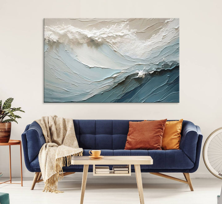 Waves Abstract Wall Art Print displayed on a porch with white siding.