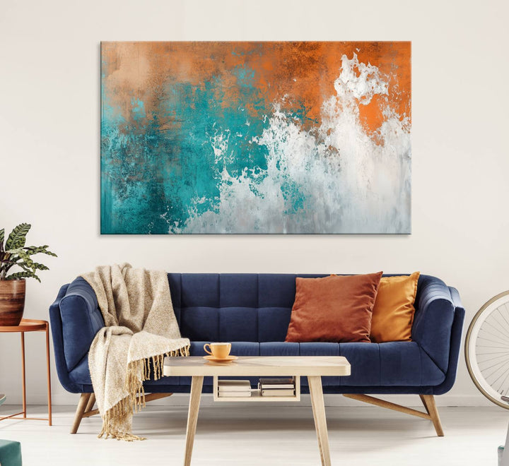 Vintage Abstract Print - Bold Teal and Orange Canvas Wall Art - Retro-Vintage Abstract Orange Canvas for Modern Decor