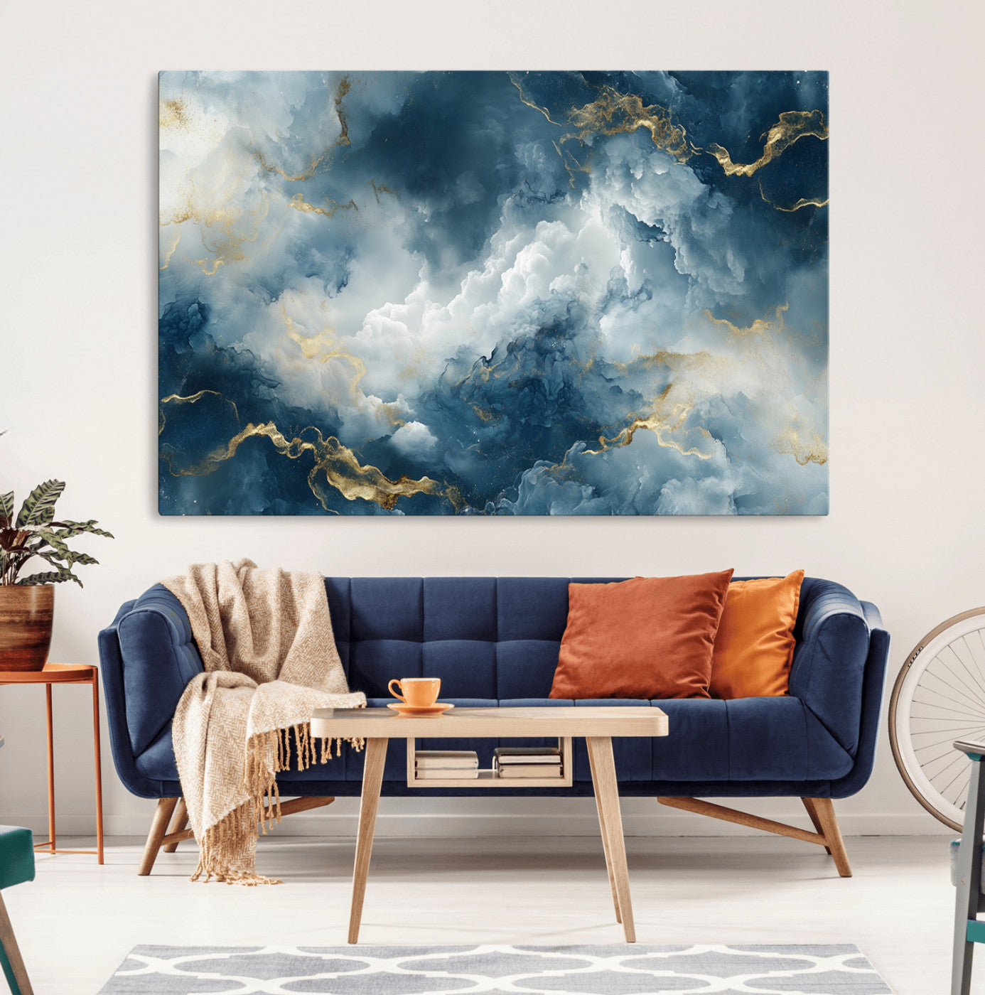 MGV-CV-36X24 - Large Abstract Print - Luxe Blue and Gold Abstract Canvas Wall Art - Bold Cloudscape Canvas for