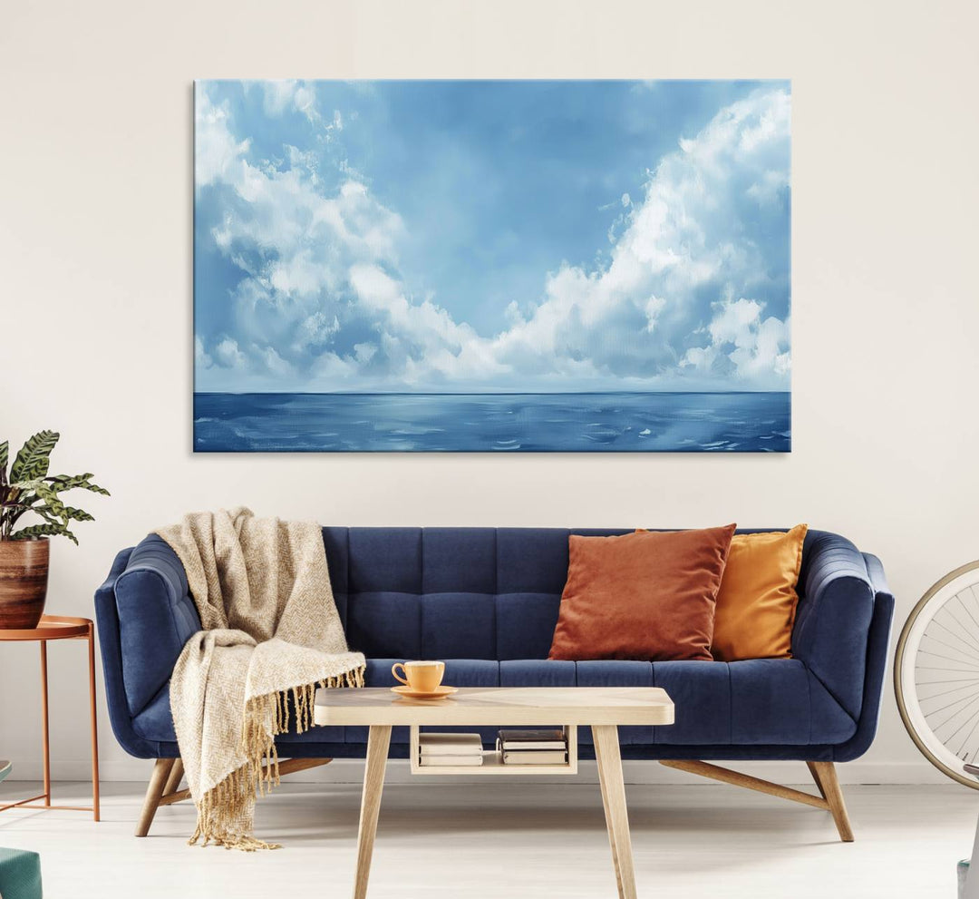 Abstract Ocean Print - Serene Blue Canvas displayed on a porch featuring minimalist decor.