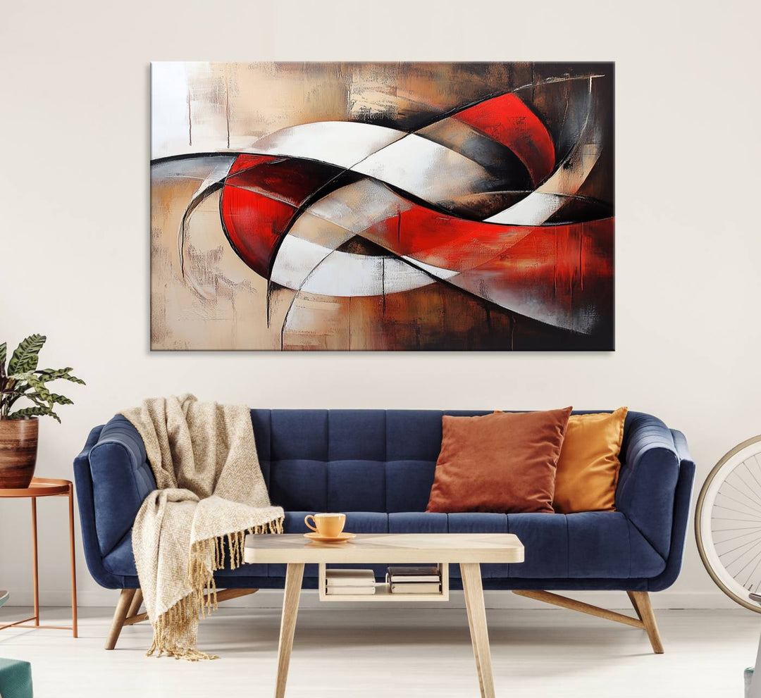 The Abstract Wall Art - Modern Red and White Canvas is displayed prominently in front of an entrance.