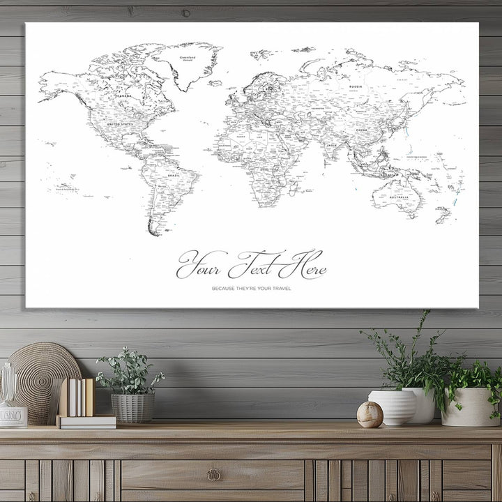 A large Framed Push Pin Mini World Travel Map Wall Art Print features customizable text and is designed as a premium cork pin board canvas with labeled countries for a gallery-quality finish.