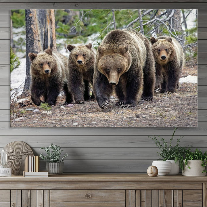 The wall art, a breathtaking canvas print titled "Queen of the Tetons," features 399 Grizzly Bear Cubs majestically captured in a forest setting. It is printed on premium canvas and handmade in the USA.