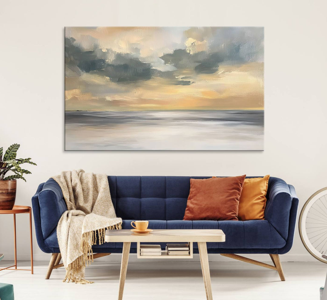 The Modern Coastal Wall Art Canvas Print features vibrant abstract ocean waves and clouds.