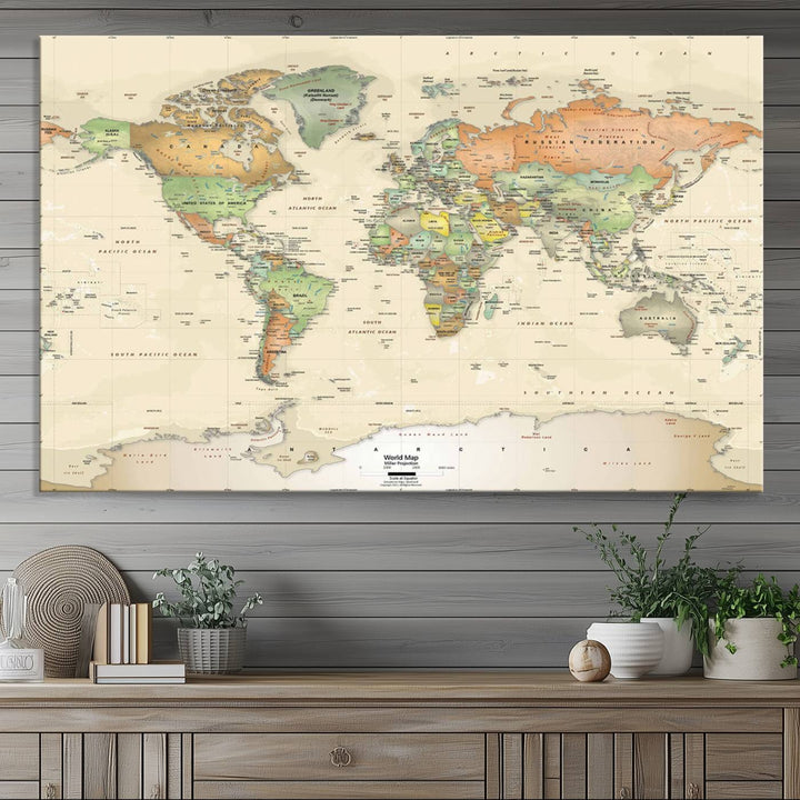 The Large Push Pin World Map Wall Art Canvas Print, with a gallery-quality finish, is carefully crafted on premium canvas and handmade in the USA. This piece adds a touch of elegance to any space.