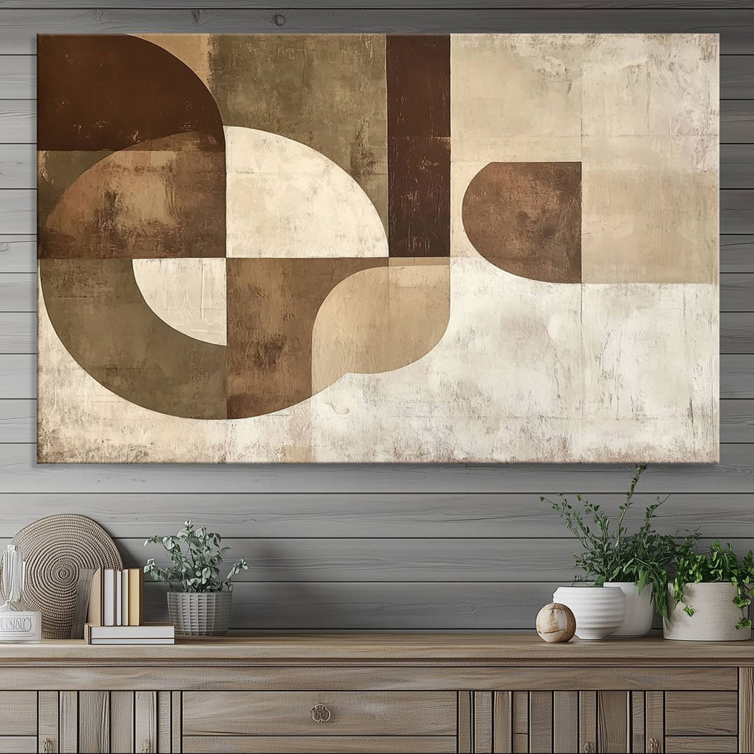 A Wabi Sabi Geometric Minimalist Wall Art Canvas Print—with a modern abstract geometric design in brown and beige tones—stands proudly in front of a house.