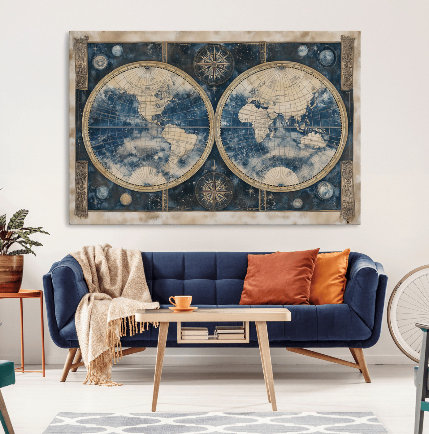 46473-MGV-CV-36X24-Framed Vintage Blue World Map Canvas Print – Antique Double Hemisphere Wall Art for Home and Office Decor, Classic Explorer Map Artwork