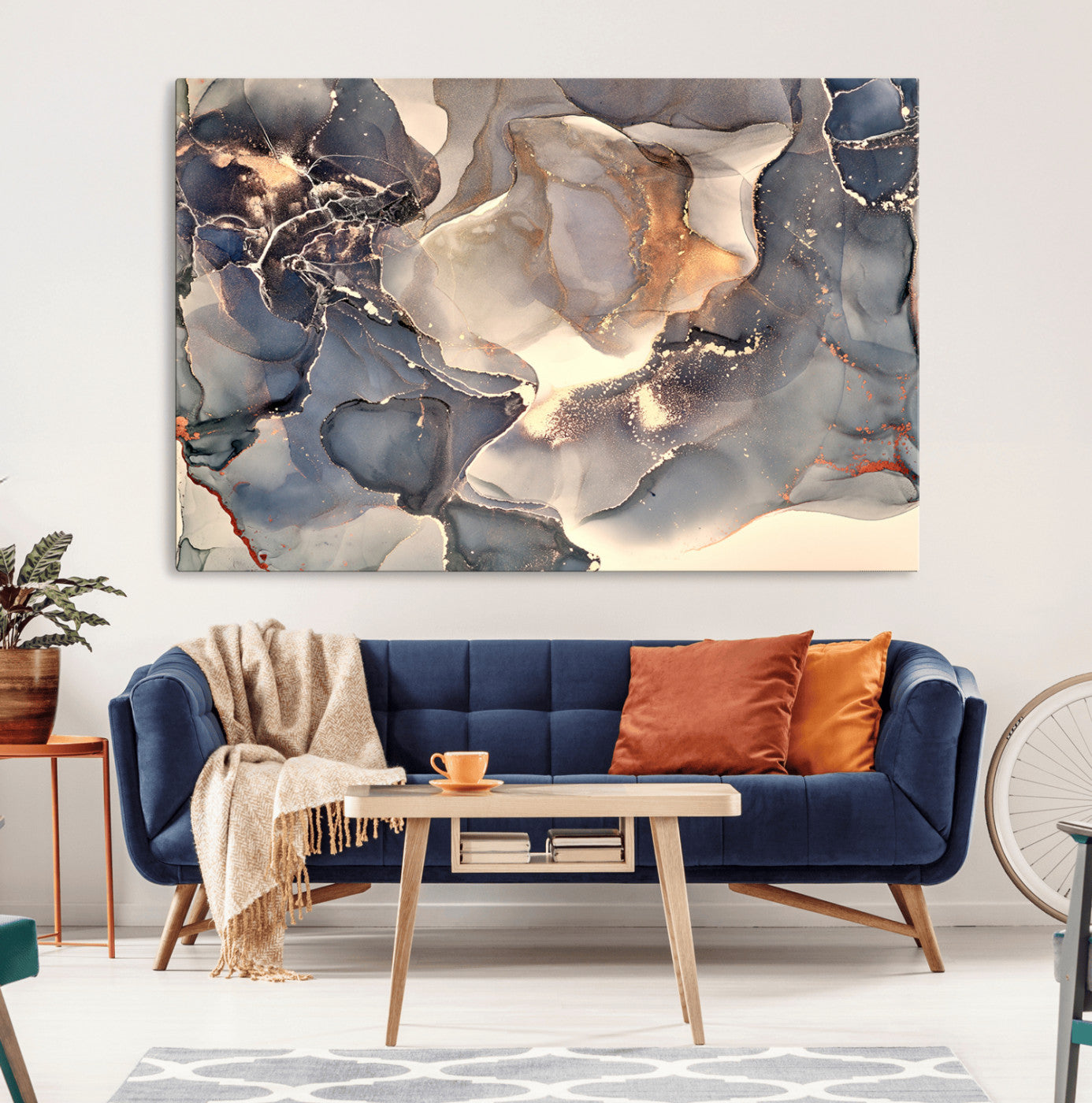 MGV-CV-36X24 - Abstract Blue and Gold Wall Art - Fluid Ink Artwork - Modern Luxury Wall Decor for Contemporary