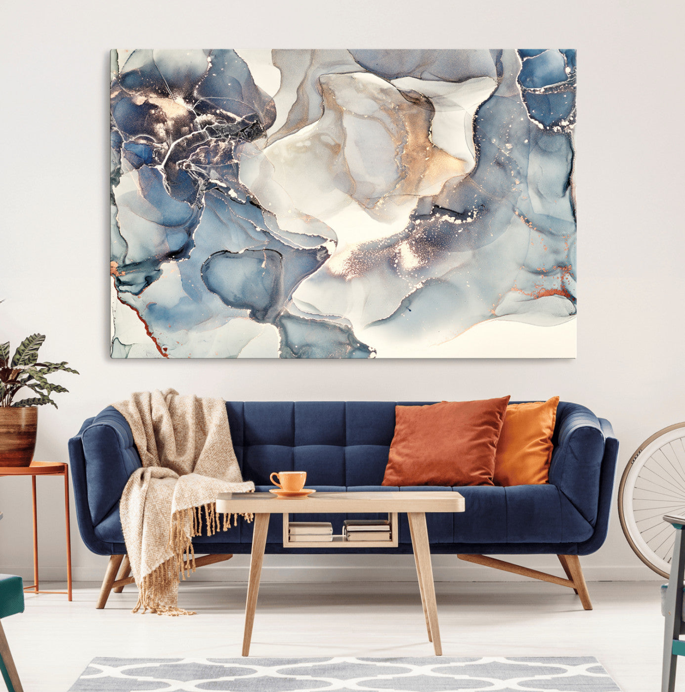 MGV-CV-36X24 - Abstract Blue and Gold Canvas Wall Art - Fluid Modern Ink Artwork - Modern Luxury Wall Decor for