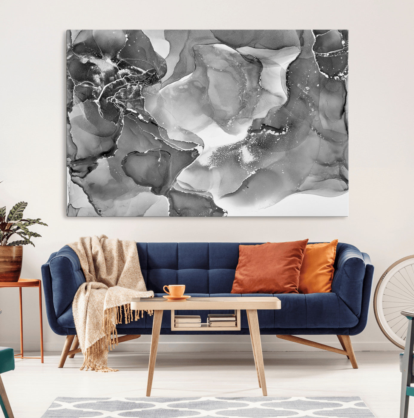 MGV-CV-36X24 - Black White Abstract Canvas Wall Art - Fluid Ink Artwork - Modern Luxury Wall Decor for Contemporary