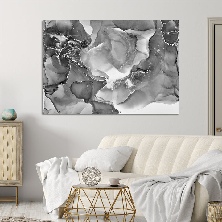 Black White Abstract Canvas Wall Art - Fluid Ink Artwork - Modern Luxury Wall Decor for Contemporary Interiors