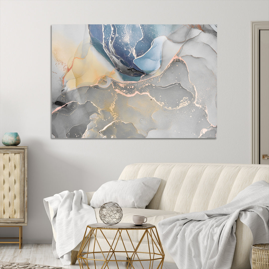 Large Abstract Blue and Gold Canvas Wall Art | Fluid Ink Artwork Print | Luxury Wall Decor for Contemporary Interiors | Framed Blue and Gold