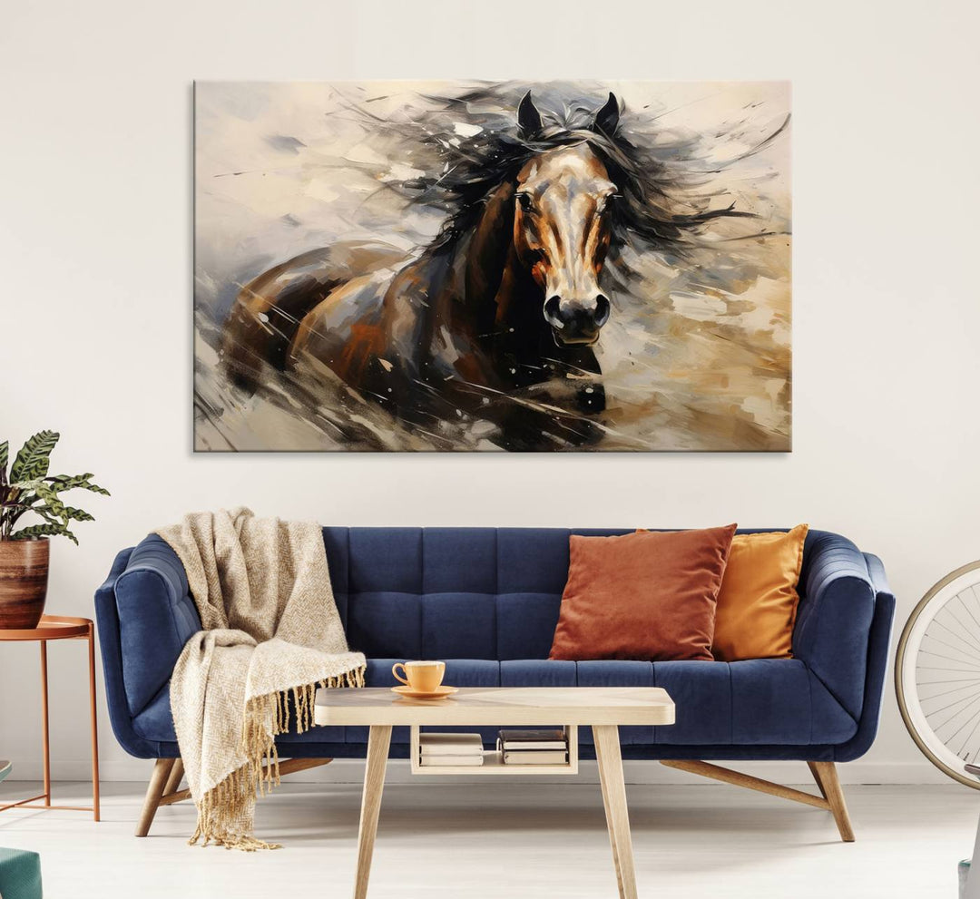 The Abstract Wall Art Horse Print adds rustic charm.