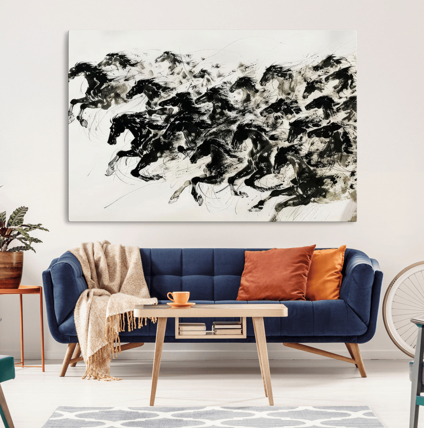 23069-MGV-CV-36X24-Abstract Horse Wall Art Canvas Print - Dynamic Black Ink Horse Print - Modern Equine Wall Decor for