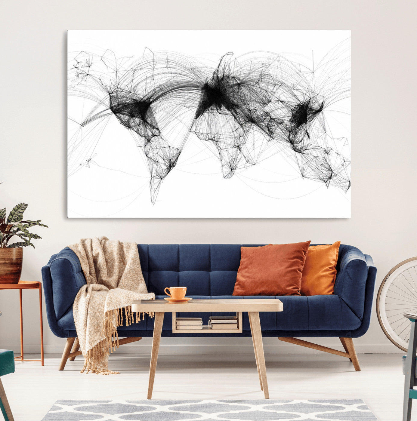 50136-MGV-CV-36X24-Abstract World Map Wall Art – Framed Geometric Line Canvas Artwork, Modern Global Design, Contemporary Decor for Home, Office