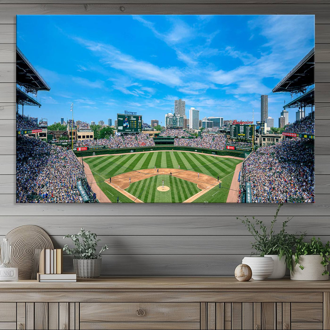 The Wrigley Field Chicago Cubs canvas art, depicting the iconic stadium, is perfect for sports lovers.