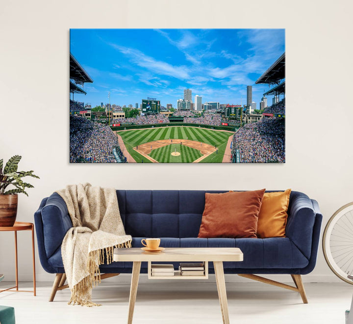 Panoramic view of Wrigley Field, ideal for the Wrigley Field Chicago Cubs Panoramic Canvas Wall Art - Ready to Hang.