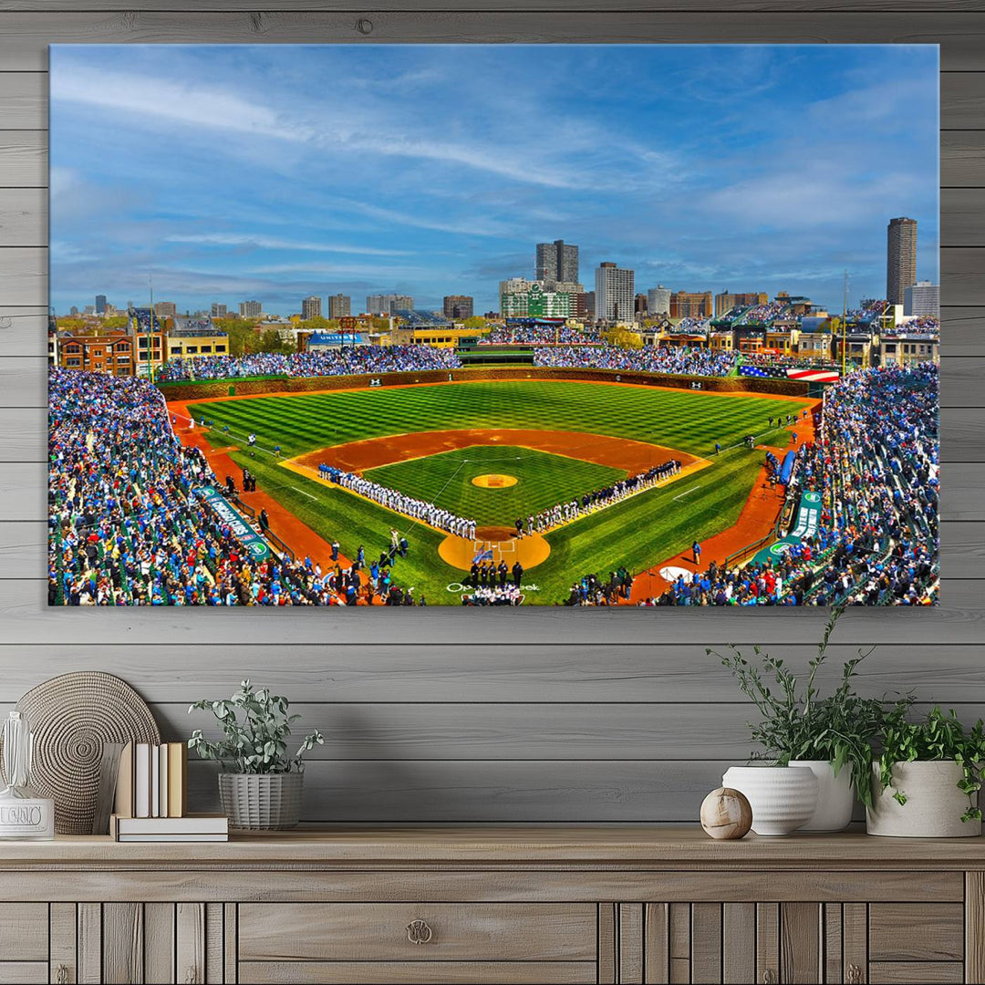 The Wrigley Field Cubs Panoramic Canvas Art hangs prominently in the modern living room.