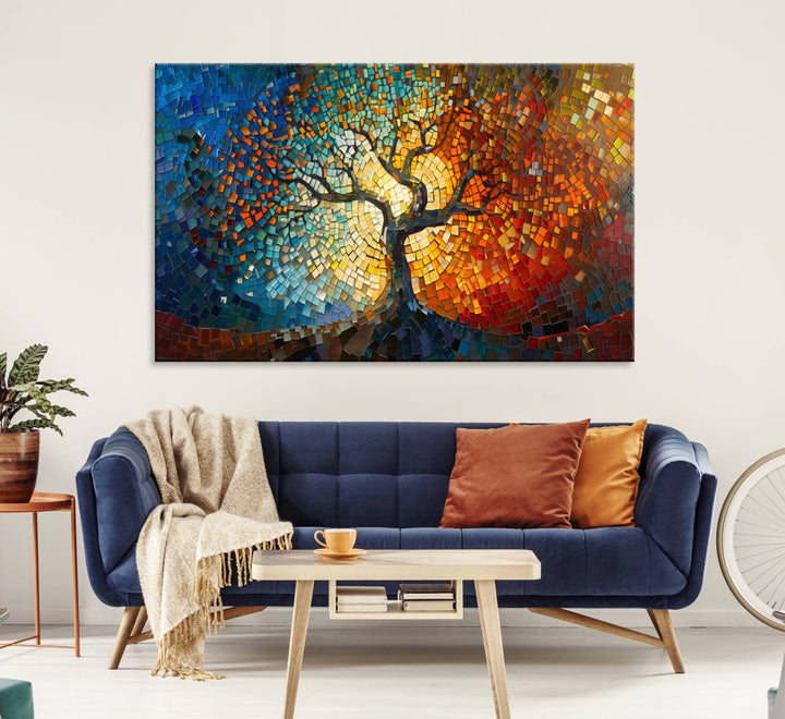 Mosaic Tree Canvas Wall Art: A stunning stained glass-inspired Tree of Life featuring blue and orange swirling patterns reminiscent of a sunburst.