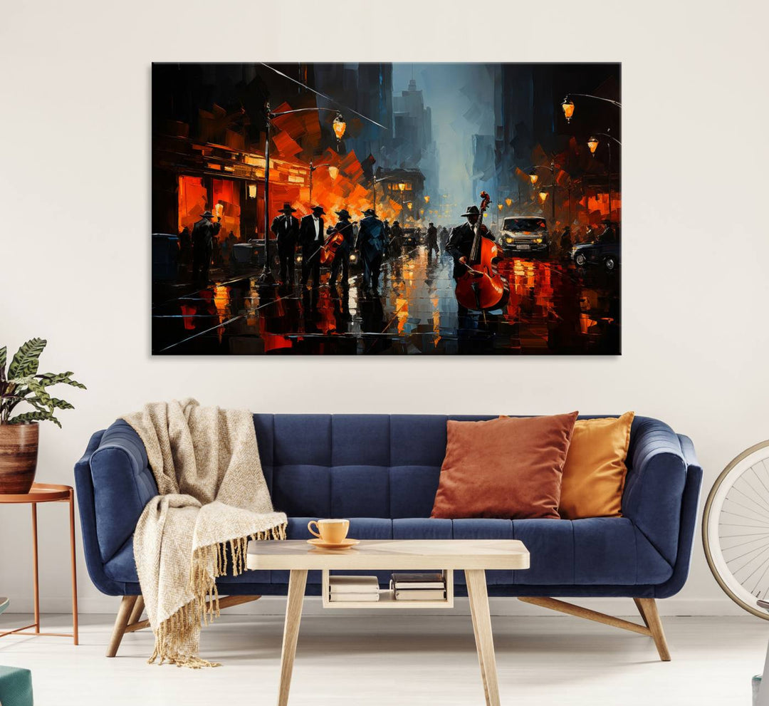 Framed Abstract Music Canvas: Jazz musicians on a rainy city street at night, with warm lights reflecting on wet pavement.