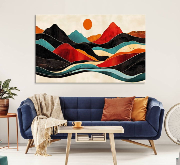 The Colorful Western Triptych Canvas features a vibrant mountain and sun design, making it perfect for modern kitchens or log cabin walls.