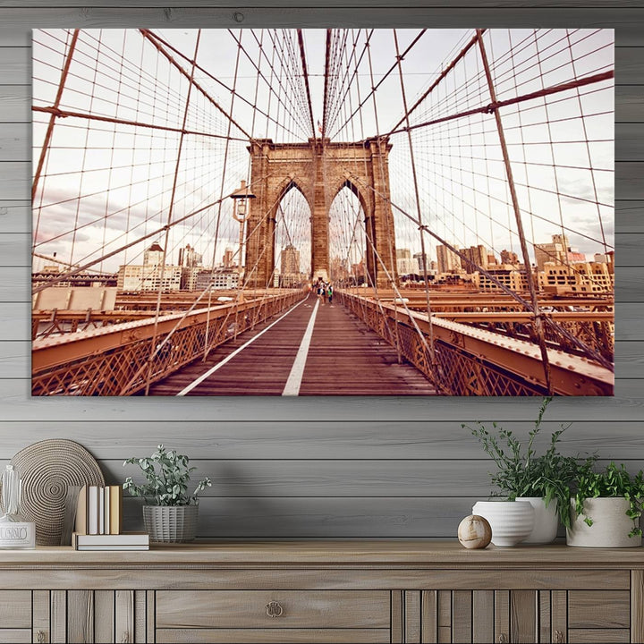 The three-panel "Wall Art New York Manhattan Cityscape Canvas Print" of the Brooklyn Bridge makes an ideal addition to minimalist interiors, capturing the essence of abstract expressionism.