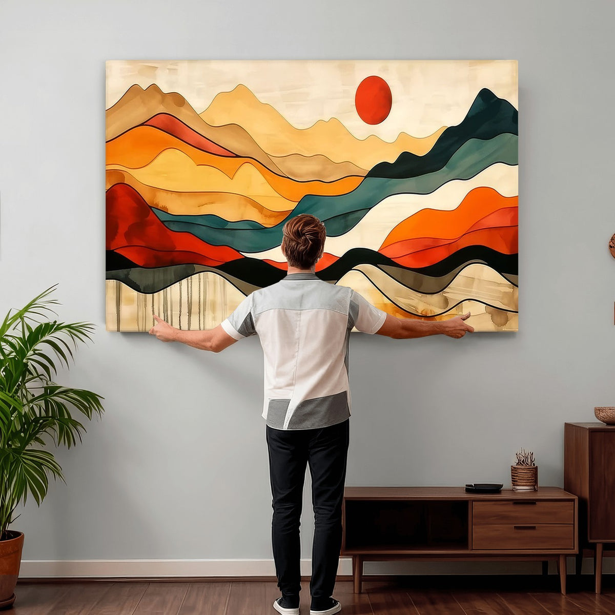 23241-MGV-CV-24X16 - Mid Century Wall Art Print, Abstract Woodland Mountain Print, Panoramic Modern Art