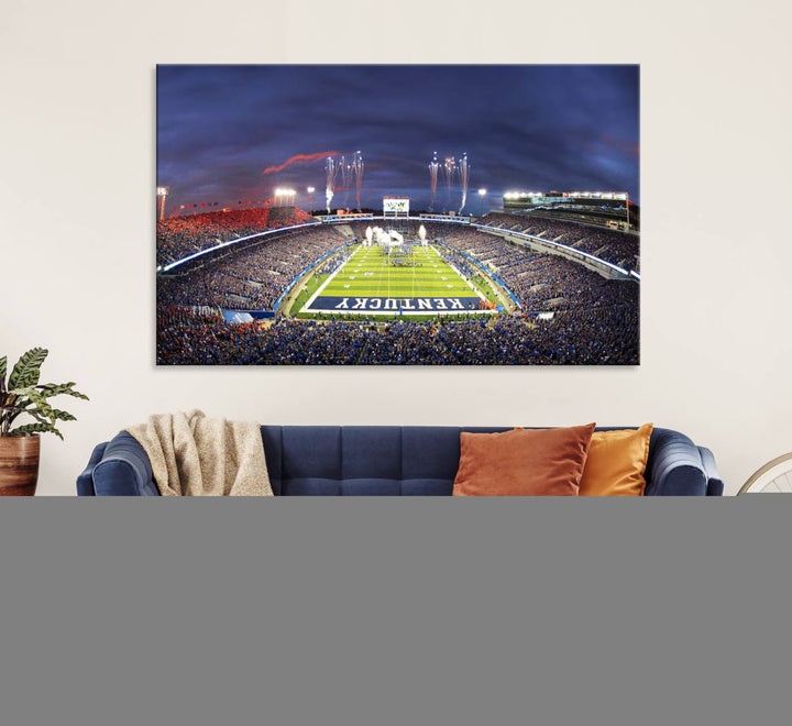 A filled stadium at dusk and fireworks overhead are beautifully captured in the Kroger Field Canvas Wall Art - Sunset Football Stadium Decor.