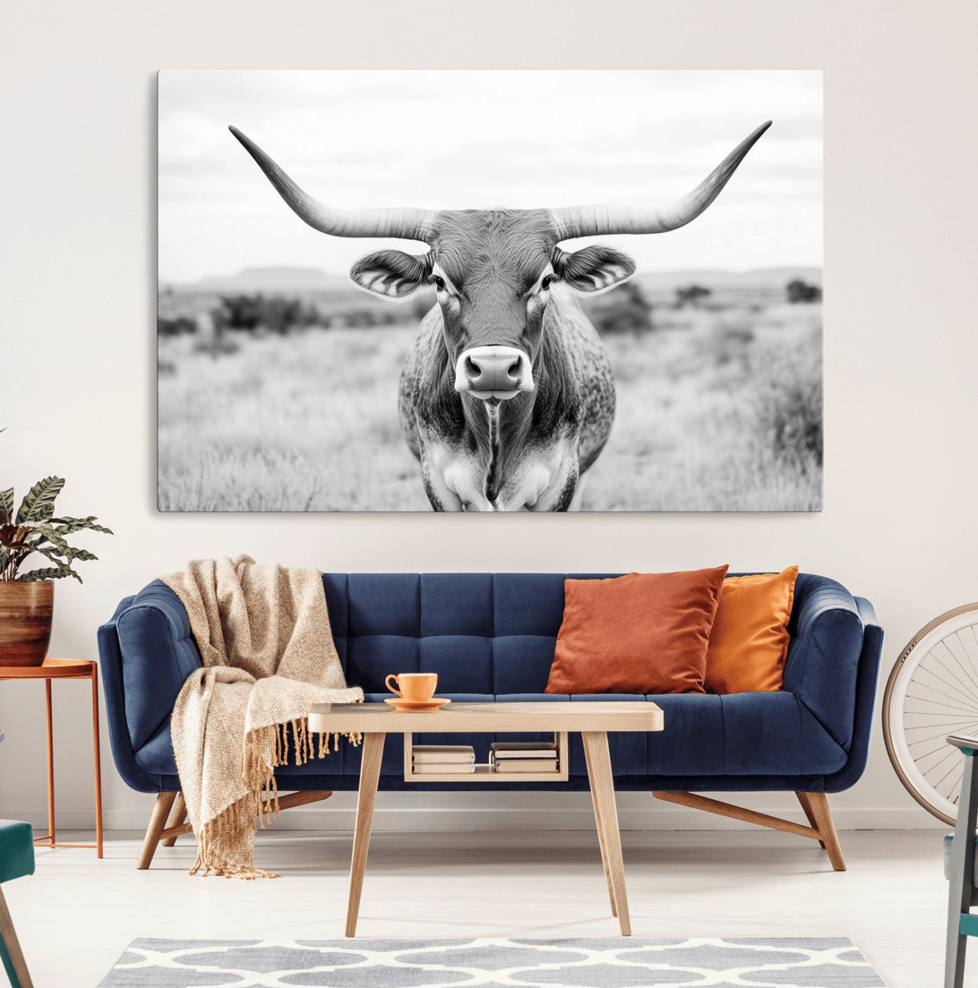MGV-CV-36X24 - Highland Cow Wall Art Print - Black and White Texas Western Longhorn Canvas - Farmhouse Decor Print