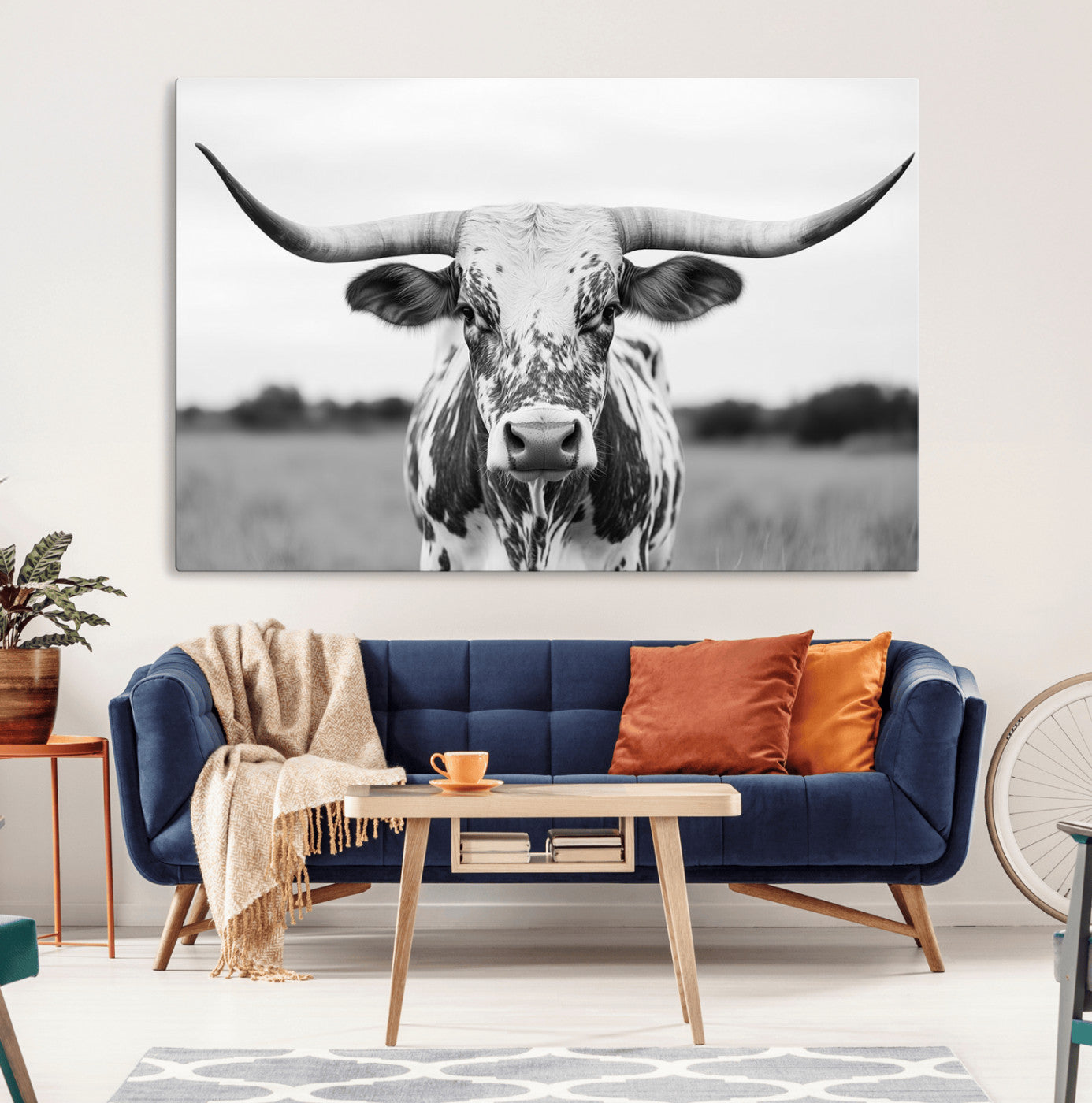 MGV-CV-36X24 - Highland Cow Wall Art - Black and White Western Longhorn Canvas Print - Farmhouse Living Room Decor