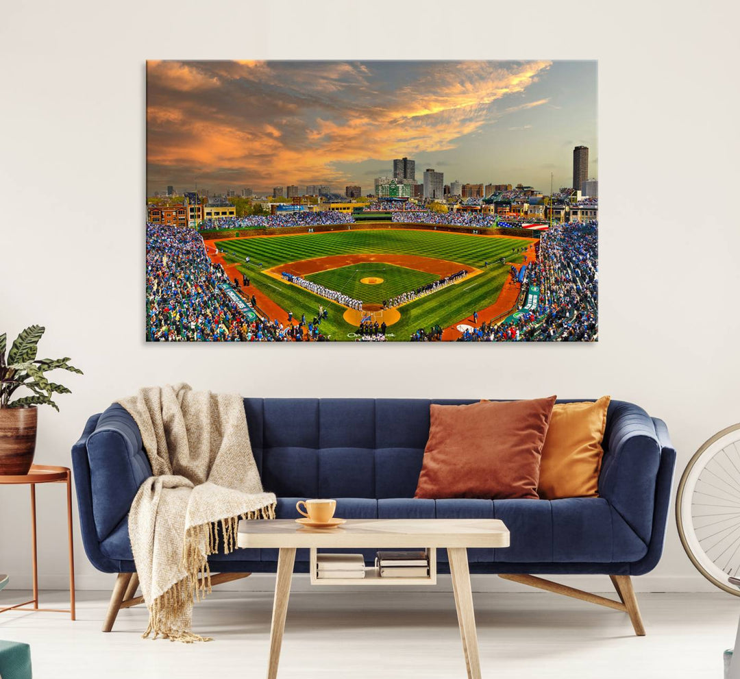 Aerial view of Wrigley Field at sunset against a vibrant sky, creating the perfect Chicago Wrigley Field Canvas Wall Art.