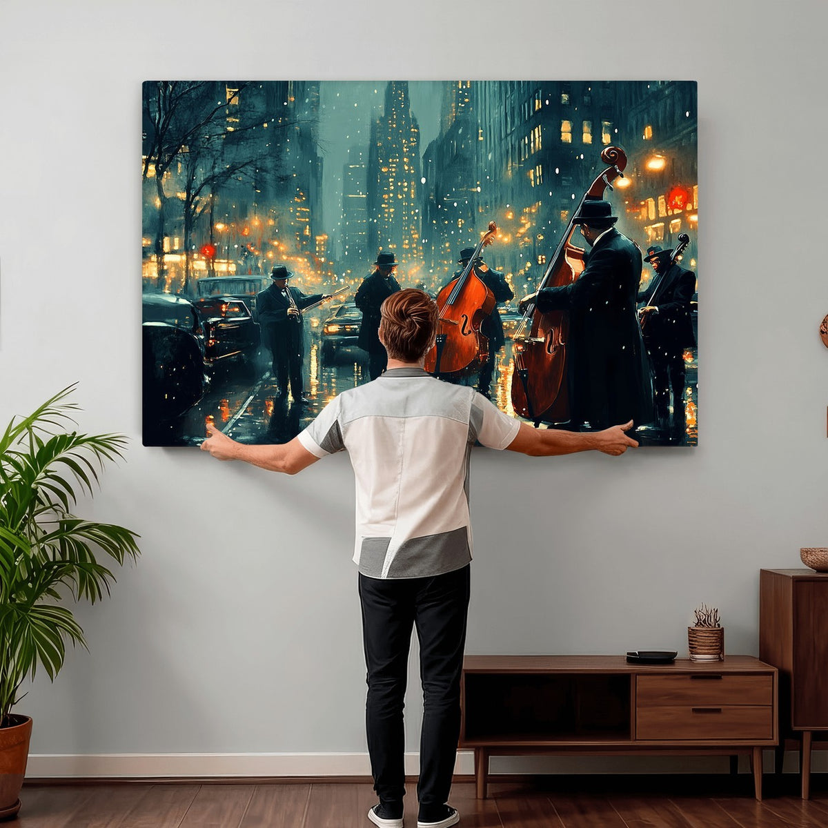 53391-MGV-CV-24X16 - Urban Night Jazz Wall Art Canvas Print | Moody Rain Soaked City Street Band Scene