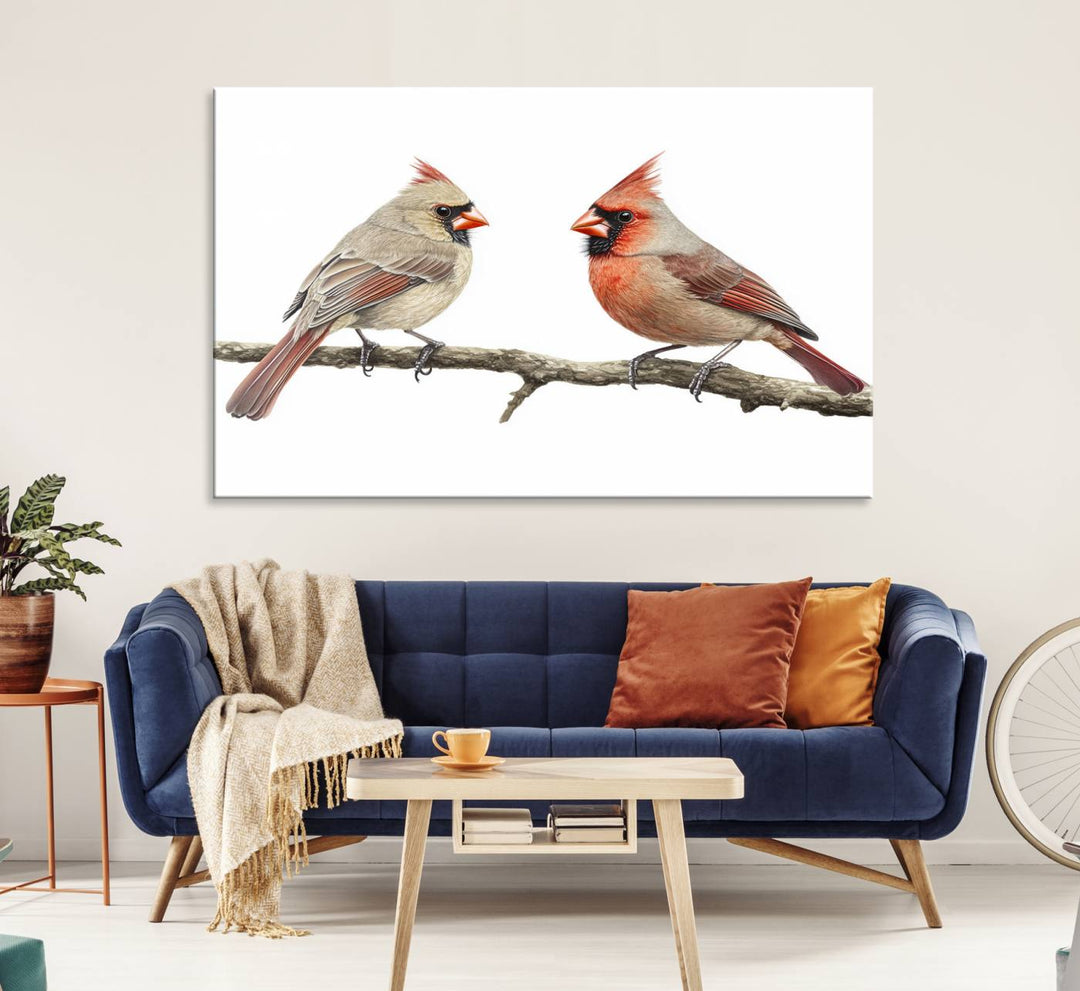 A Cardinal Canvas Wall Art print of cardinals on a branch hangs prominently.