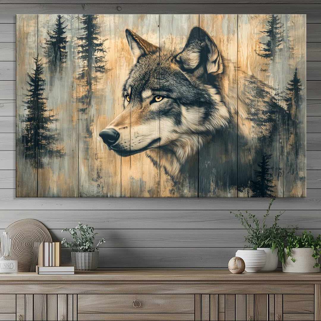 A Wood Style Rustic Wolf Wall Art Canvas Print adorns the kitchen.