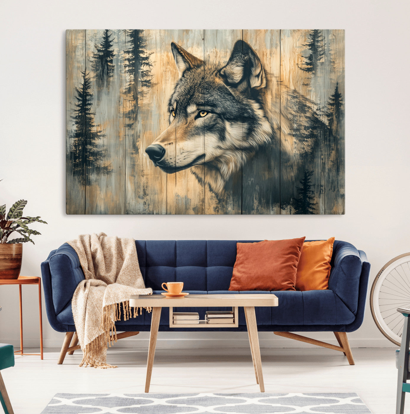 MGV-CV-36X24 - Wood Style Rustic Wolf Wall Art Canvas Print, Vintage Woodland Wolf Wall Art, Framed Wood Style Wolf