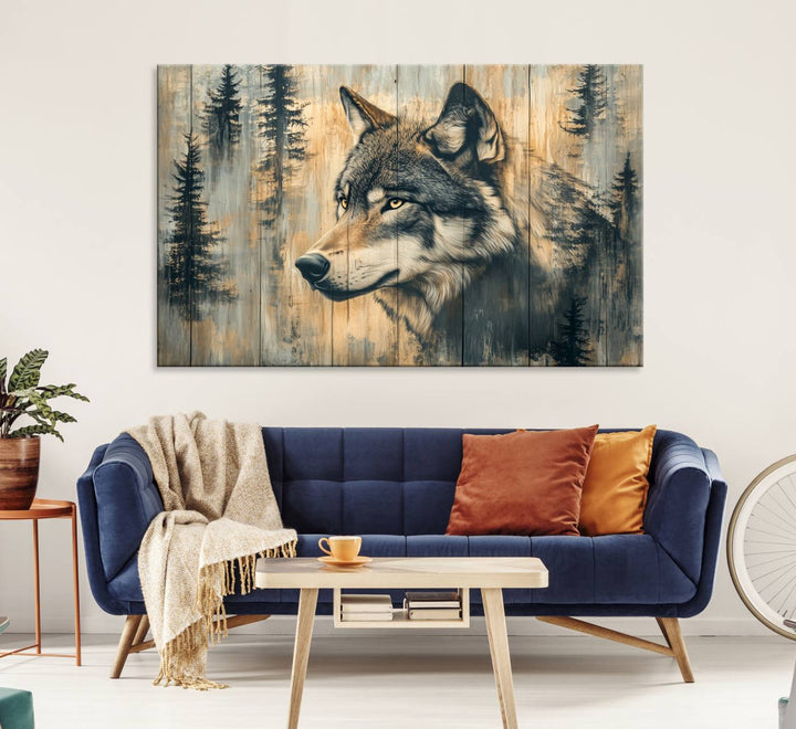 Above the counter is a Wood Style Rustic Wolf Wall Art Canvas Print.