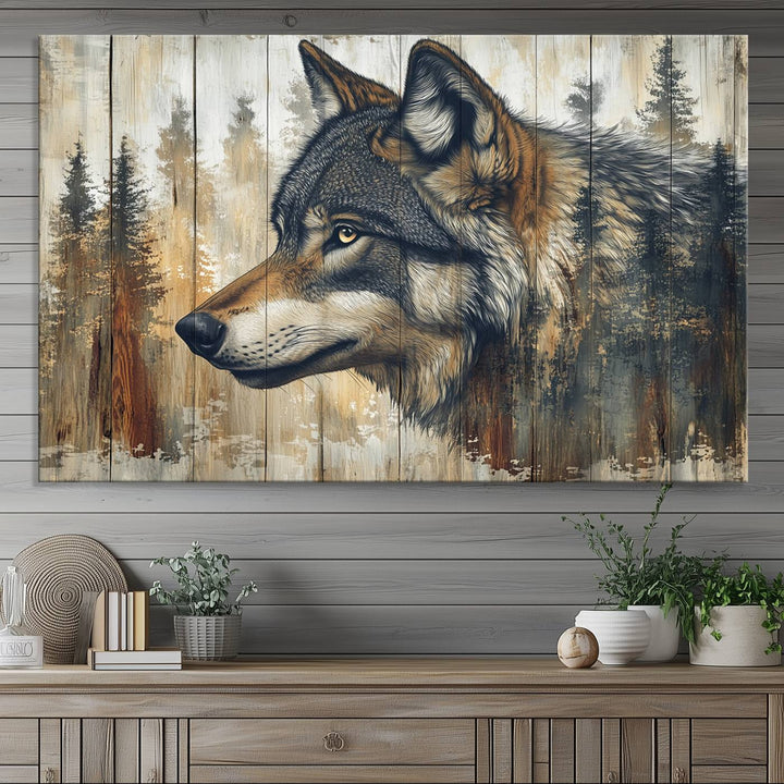 A kitchen dining area features Rustic Wolf Wall Art.